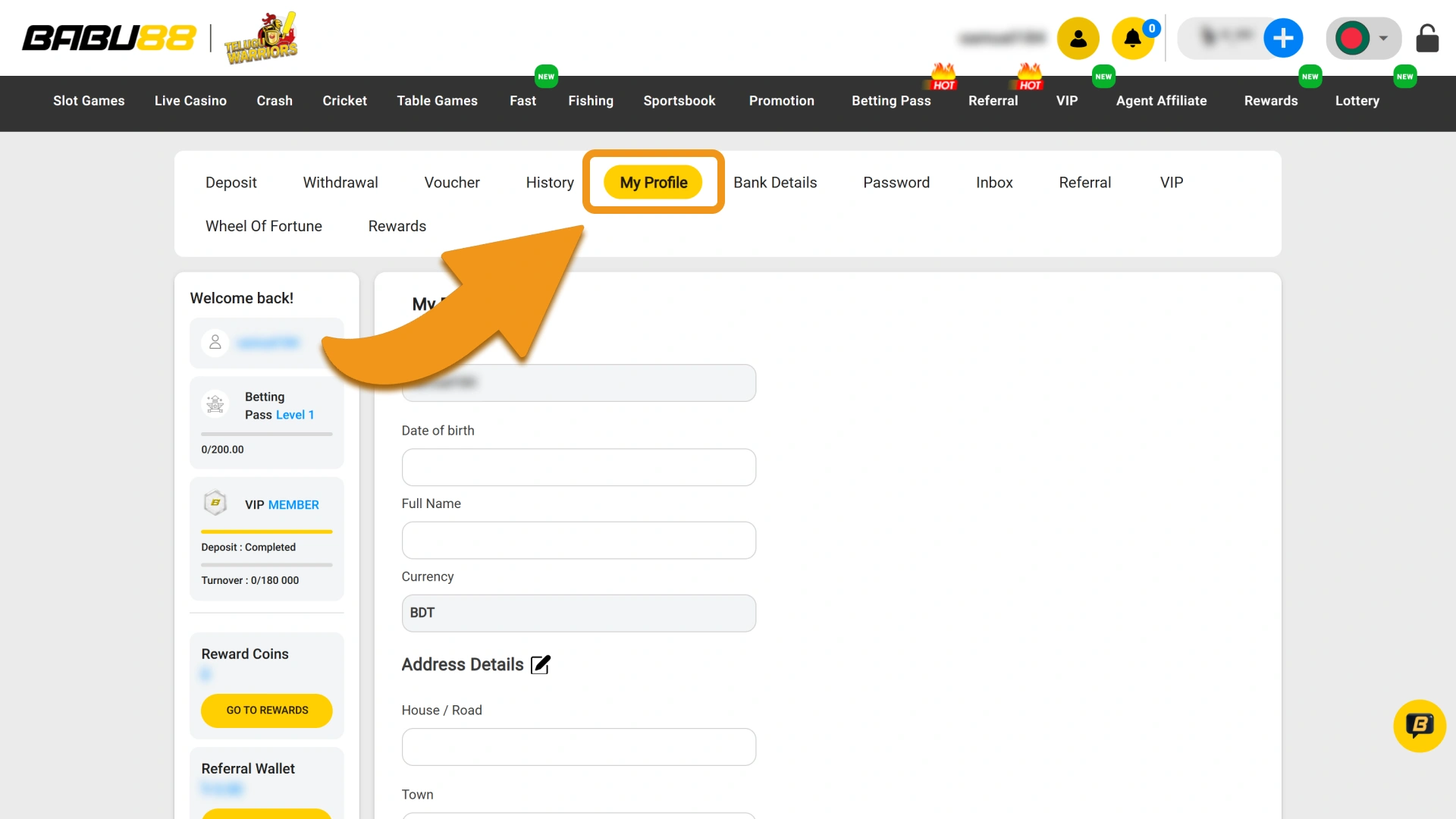Navigate to the private account profile section within the main Babu88 dashboard.